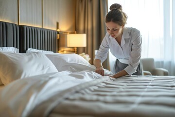 A hotel maid makes the bed in a luxurious room, ensuring a pristine and comfortable stay for guests.