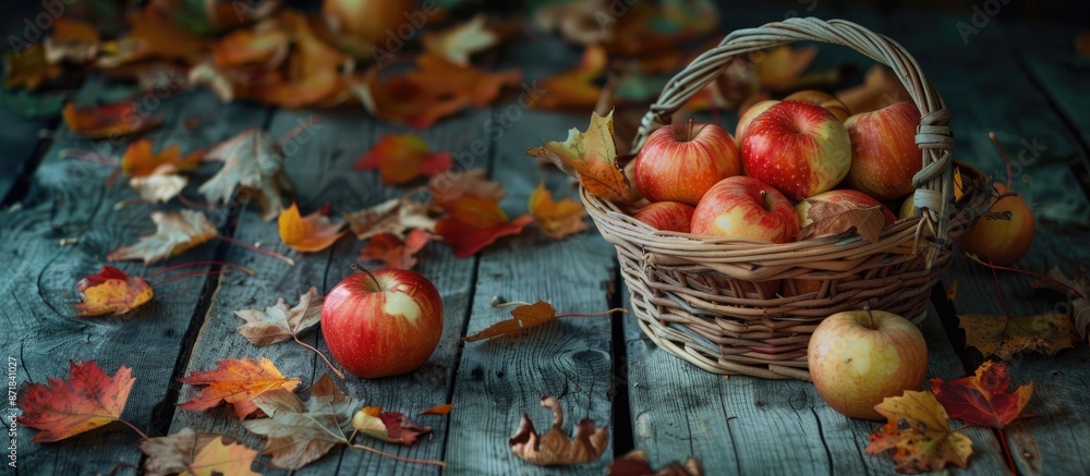Poster Autumn leaves embellish a wooden table with a basket of juicy apples, creating a charming setting with a picturesque copy space image.