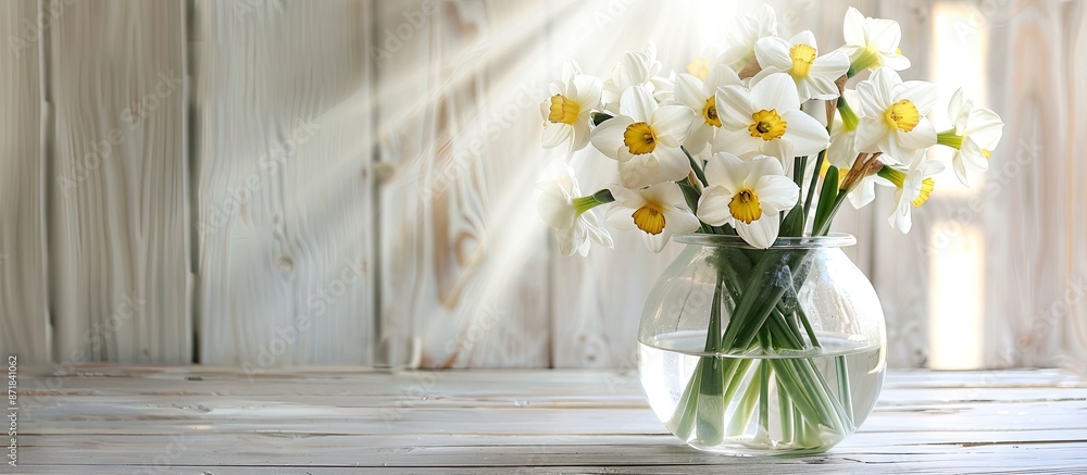 Poster copy space image depicting a glass vase with a beautiful bouquet of white daffodils, symbolizing eas