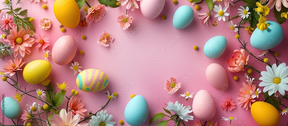 Poster celebrate easter with a festive background filled with colorful eggs, blooming flowers, and ample co