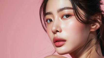Fototapeta premium Beauty portrait of young asian woman with fresh clean skin on pink background. Face care, Facial treatment, cosmetic concept.