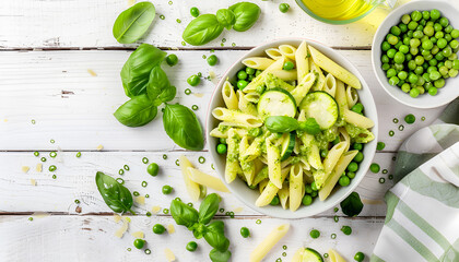 Obraz premium Penne pasta with pesto sauce, zucchini, green peas and basil. Top view. Flat lay.