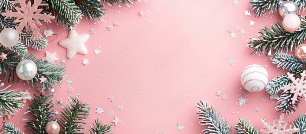 Poster christmas frame with fir branches, white decorations, star, and balls on a pink table for a festive 