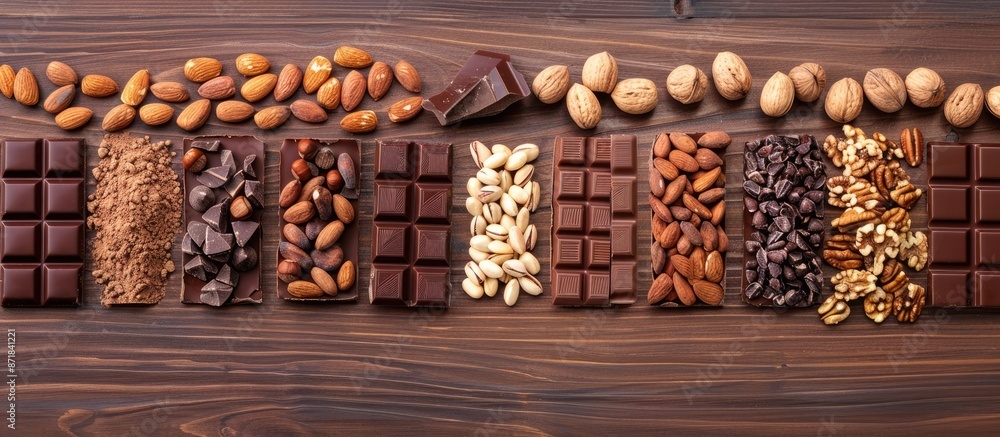 Poster Chocolate pieces with nuts arranged neatly on a vibrant wooden surface, with ample copy space image available.