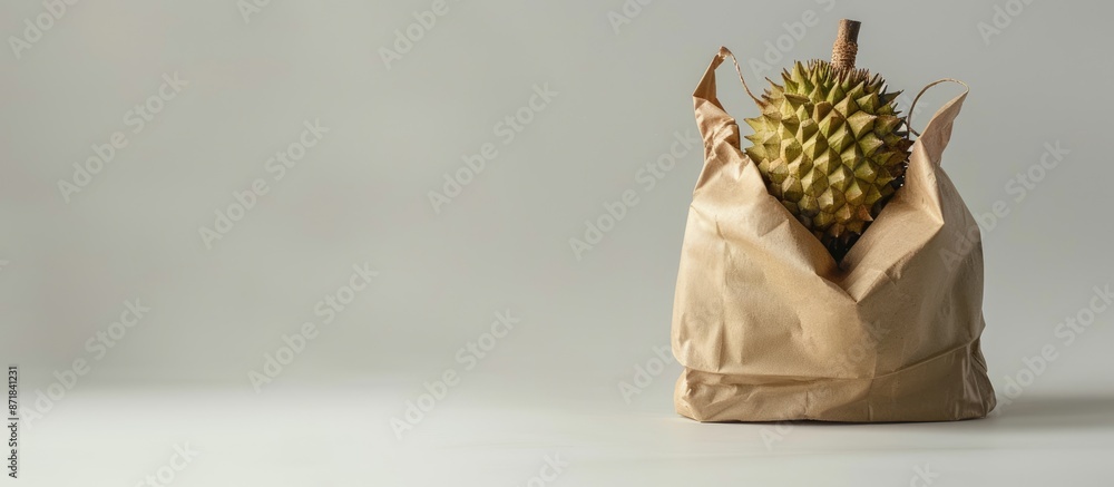 Poster durian in a bag with a crispy texture, set against a white background with space for additional imag