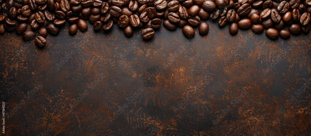 Poster Flat lay composition of freshly roasted coffee beans arranged on a brown table, offering ample copy space in the image for text. Close-up top view serves as the background.