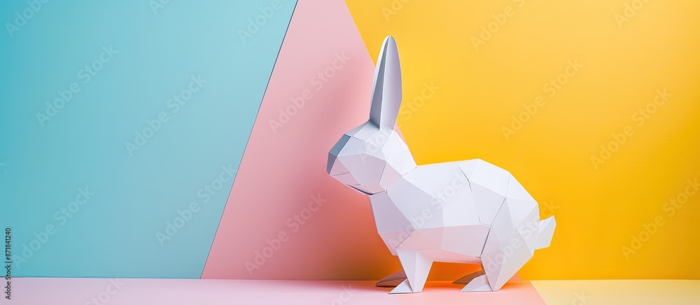 Poster Easter-themed paper rabbit on colorful backdrop with copy space image.