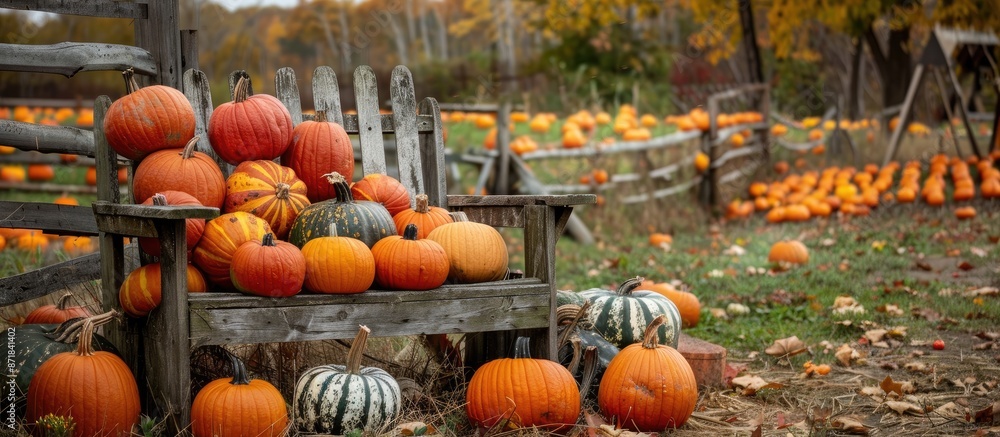Poster Autumn pumpkins adorn an outdoor setup with a rustic feel, creating the ideal copy space image for fall-themed concepts.
