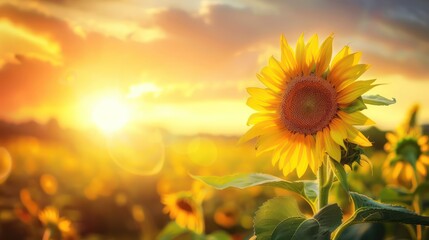 Fototapeta premium Yellow sunflower and sunset