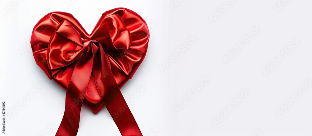 Poster an elegant red satin gift ribbon in the shape of a valentine heart against a white background with c