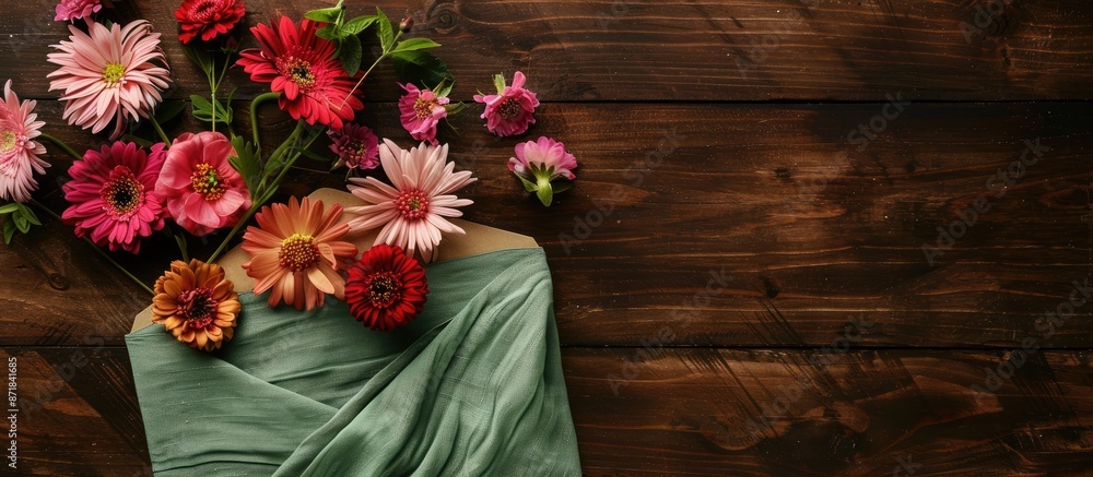 Leinwandbilder craft envelope adorned with vibrant flowers on wood, with a green napkin protruding, creating a visu
