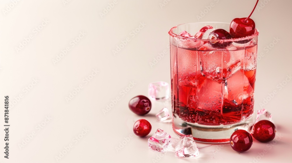 Poster garnished cocktail with cherry fresh cranberry juice and ice isolated view with text space