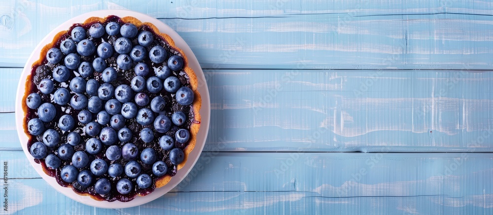 Aufkleber Blueberry cake displayed on a light blue wooden surface in a flat lay style, providing an open area for text in the image. image with copy space