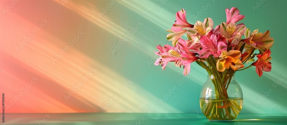Poster alstroemeria flowers in a vase on a green table against a colorful wall with copy space image.