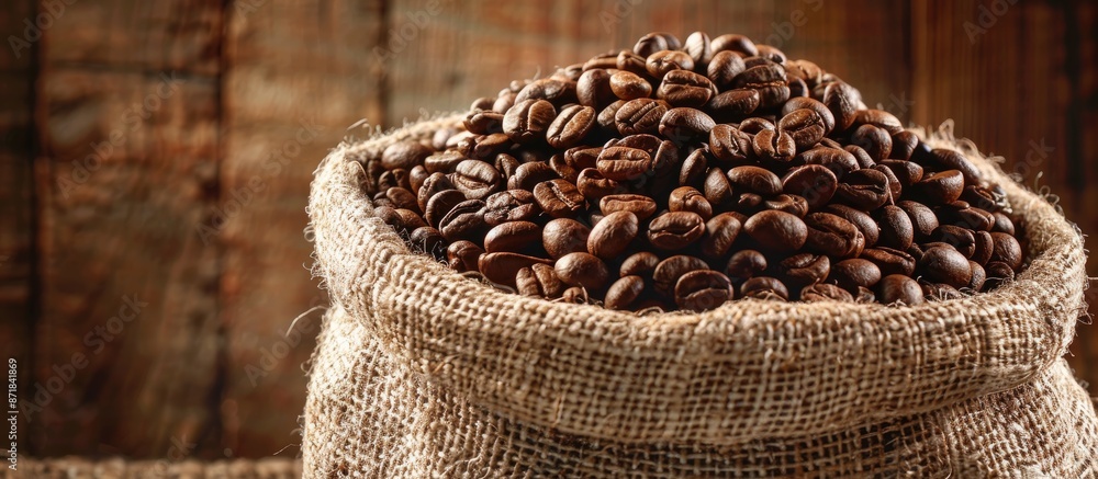 Aufkleber burlap sack filled with coffee beans, displaying copy space image.