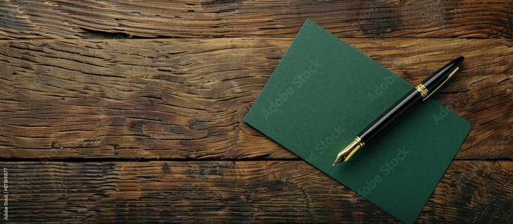 Poster elevated view of a green card and pen on a textured wooden desk, offering a copy space image for you