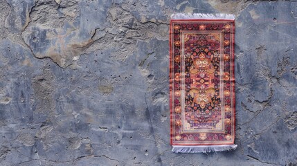 Naklejka premium Muslim prayer rug displayed on grey stone surface top perspective view Room for text