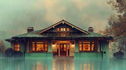 A  house in the rain at dawn, showcased against a mint background. The gentle morning light and mist create a tranquil setting.