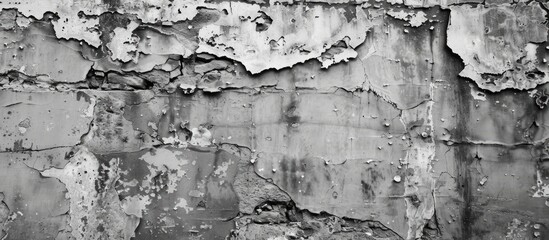 Obraz premium Black and white photo of a weathered, destroyed stone wall with fallen plaster, showcasing a shabby building surface textured with copy space image in focus.