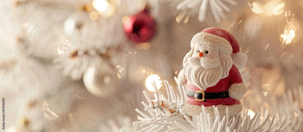 Poster close-up image of a small, adorable santa claus figurine nestled on a white christmas tree adorned w