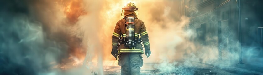 Firefighter walking through smoke and flames.