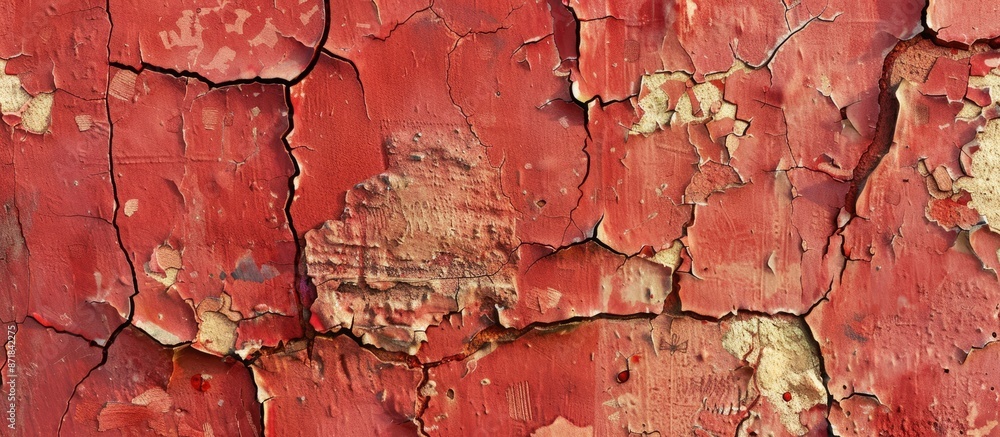 Poster Background with copy space image of a cracked red cement wall displaying its unique texture and pattern.