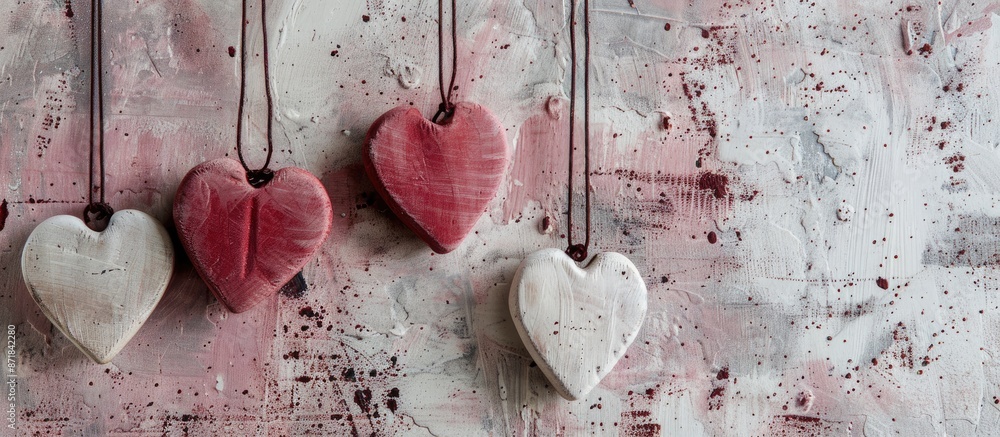 Poster close-up heart-shaped decorations on a textured background with space for placing images. image with