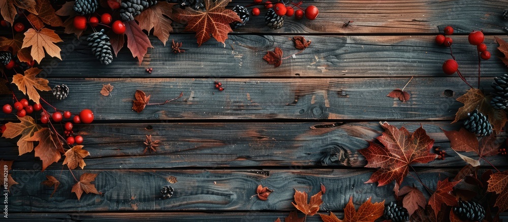 Poster fall-themed decor on the rustic wooden backdrop featuring copy space image.