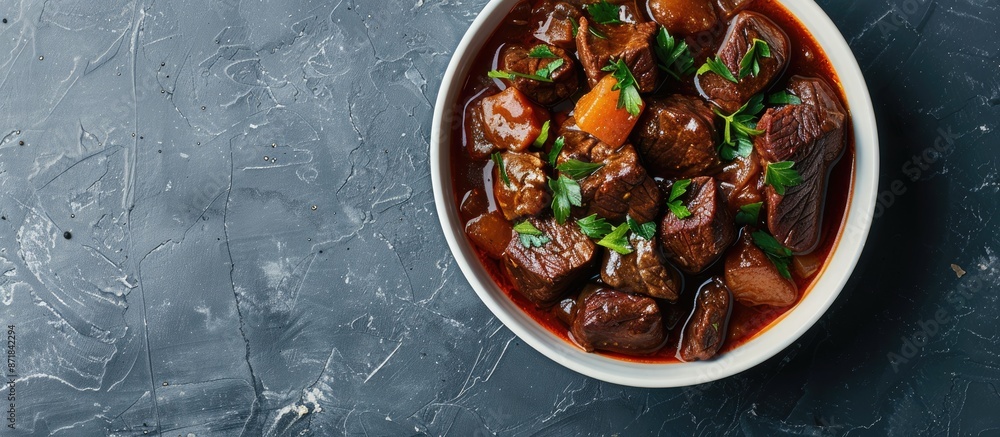 Aufkleber beef stew served in a bowl against a gray backdrop with a blank area for text in the image. image wi