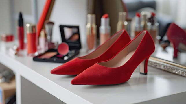 Slightly used red suede shoes displayed on a white table with cosmetics