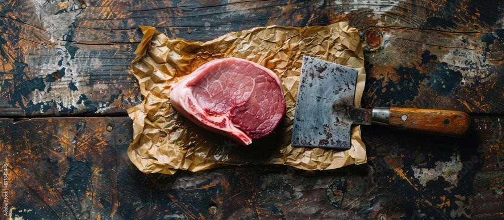 Aufkleber Close-up top view of a raw pork chop wrapped in paper on a rustic metal table with a butcher's cleaver, showcasing copy space image.