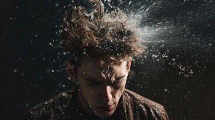 A young man's head burst open on a black background, showing his mental breakdown.