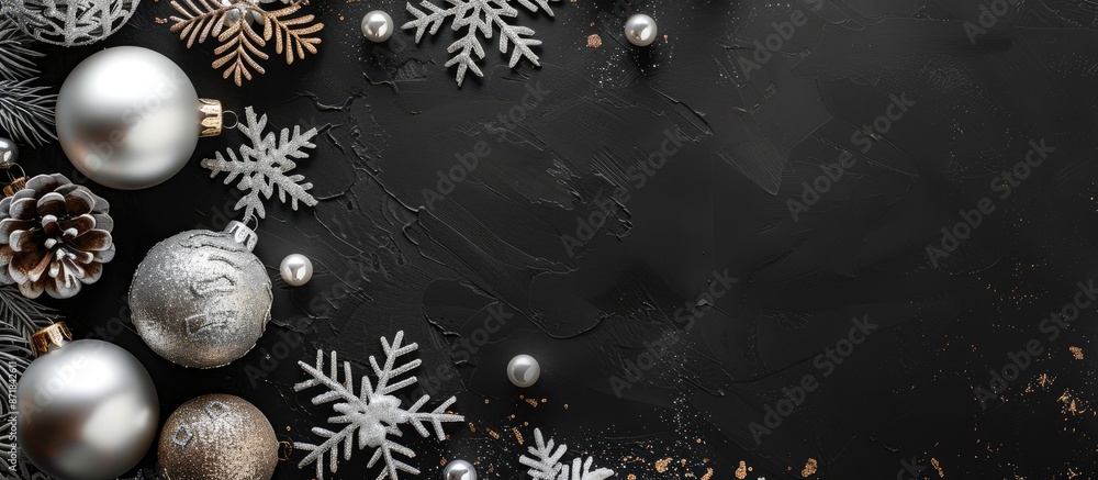 Poster black background highlighted with white and silver christmas decorations with empty copy space image