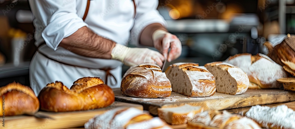 Poster Chef preparing bakery bread, slicing into pieces for service with a tantalizing display in a bakery shop setting, featuring copy space image.