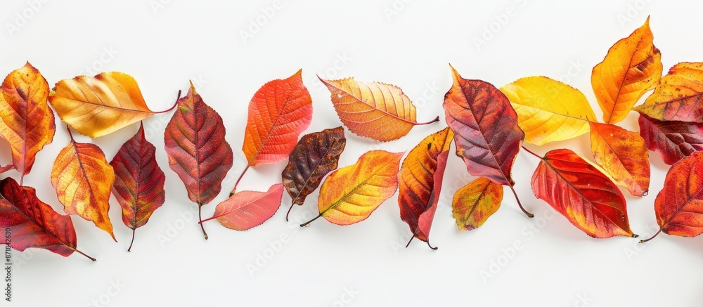 Poster Autumn leaves in vibrant colors and gold tones forming a border on a white background in a flat lay composition with a top view. Includes copy space image.
