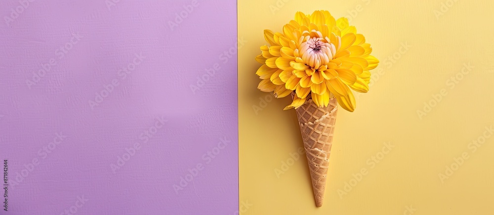 Poster chrysanthemum flower in a waffle cone displayed on a colorful purple and yellow background in a top-