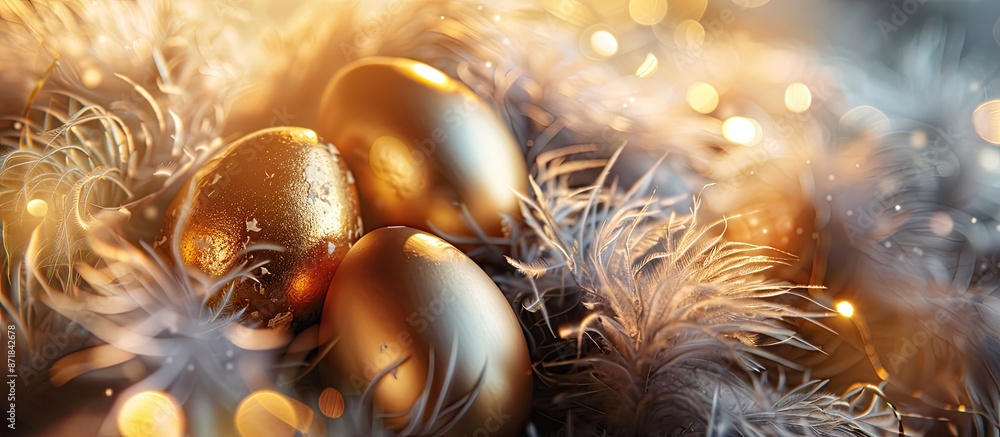 Poster easter scene with gleaming golden eggs nestled on fluffy feathers, offering a vibrant and cheerful c