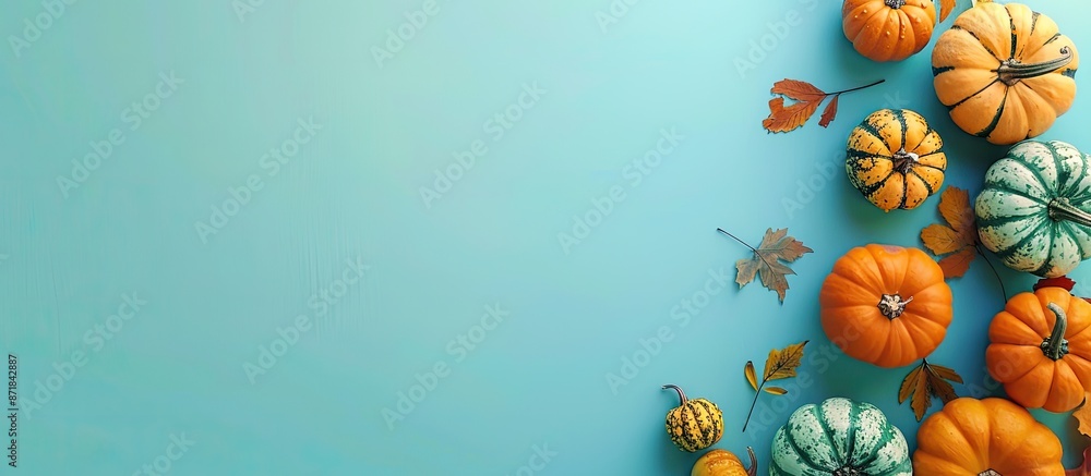 Poster autumn-themed frame with pumpkins on a soft blue backdrop for halloween and thanksgiving ideas in a 