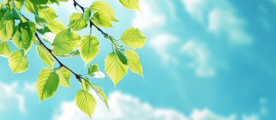 Obraz premium Early summer landscape featuring a branch of fresh green leaves against a blue sky, providing a picturesque copy space image.