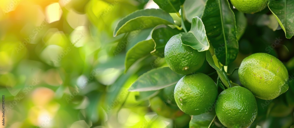 Poster Close-up of ripe limes on a garden tree branch with available copy space image.