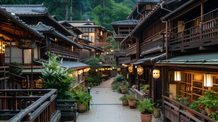 Fototapeta premium 夕暮れの温泉街の伝統的な風景