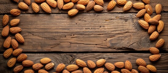 Almonds arranged attractively on a wooden backdrop with ample copy space image.