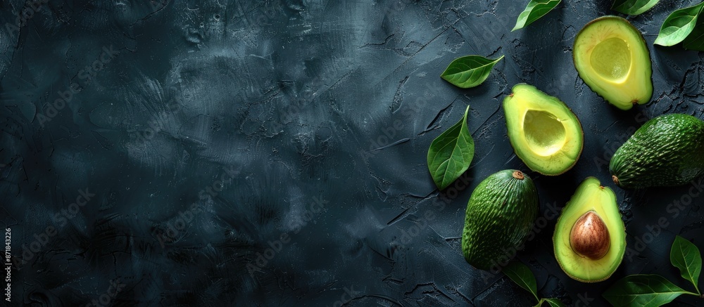 Aufkleber close-up of avocados with copy space image on a dark studio background.