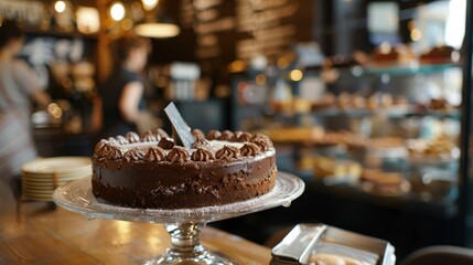 A cafe s interior showcases a chocolate cake in a photo