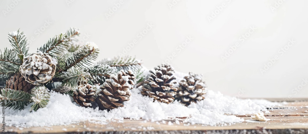 Poster christmas season setting with a pile of snow on a wooden surface against a white backdrop, creating 