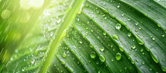 Beautiful morning water drop on banana leaf pattern with a textured background, perfect for adding text with copy space image.