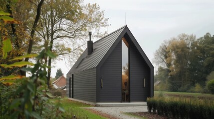 detailed view of a small, modernist chapel in a rural setting, its simple form highlighted by minimalist aluminum siding