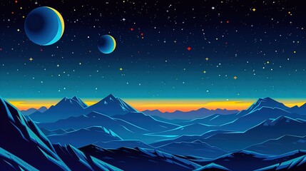 Fototapeta premium Abstract Space Landscape with Mountain Range, Starry Sky, and Planets, Futuristic Digital Art in Vibrant Colors 