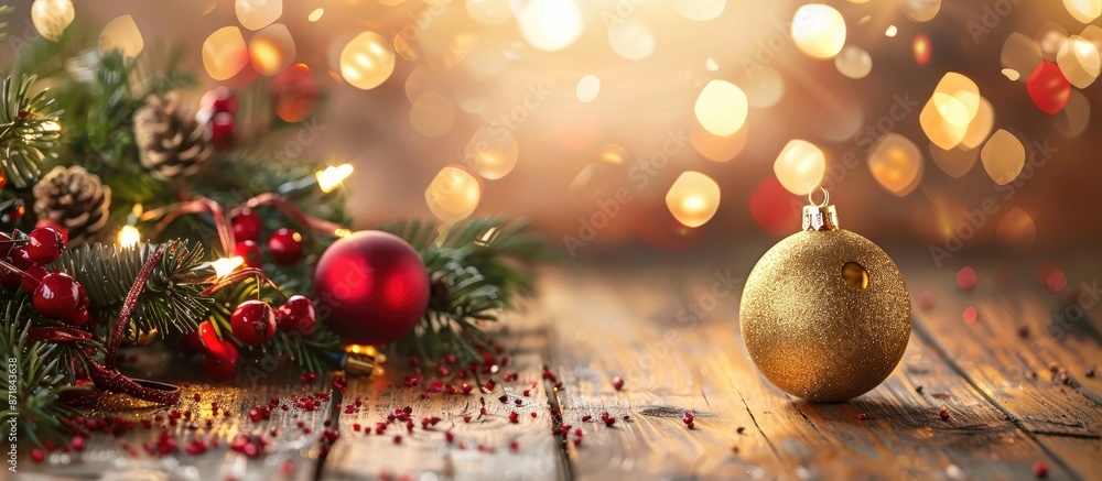 Poster festive christmas scene on wooden table with red and gold xmas decorations emphasizing a golden ball
