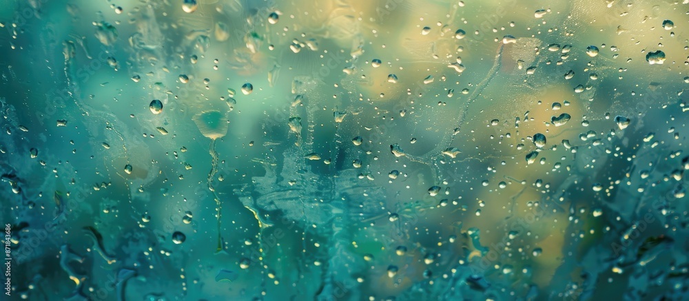 Poster blurred water droplets create a textured view through a glass window, with a blurry blue-green backg